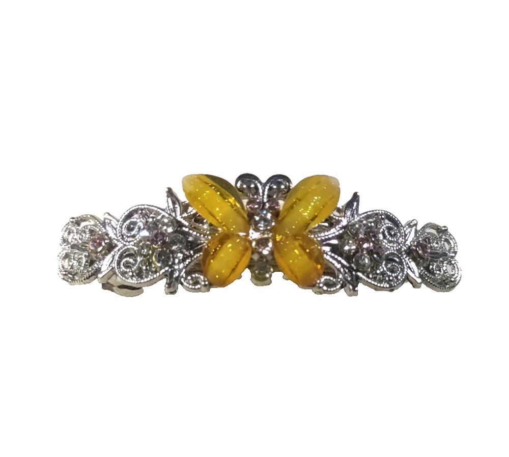 Silver Tone Yellow Butterfly Hair Barrette Tension Clip